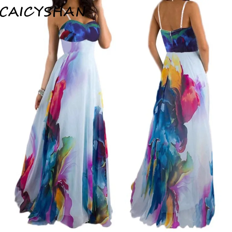 

New Summer Women Dresses Vestido Fashion Plus Size Sexy Dew Shoulder Print Spaghetti Strap Long Style Dress For Women One-Piece
