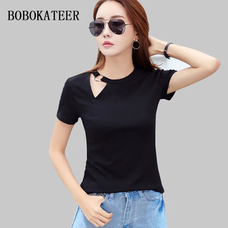 BOBOKATEER cotton camisetas mujer slim tshirt off shoulder women t shirts women 2018 summer haut femme casual t shirt women tops