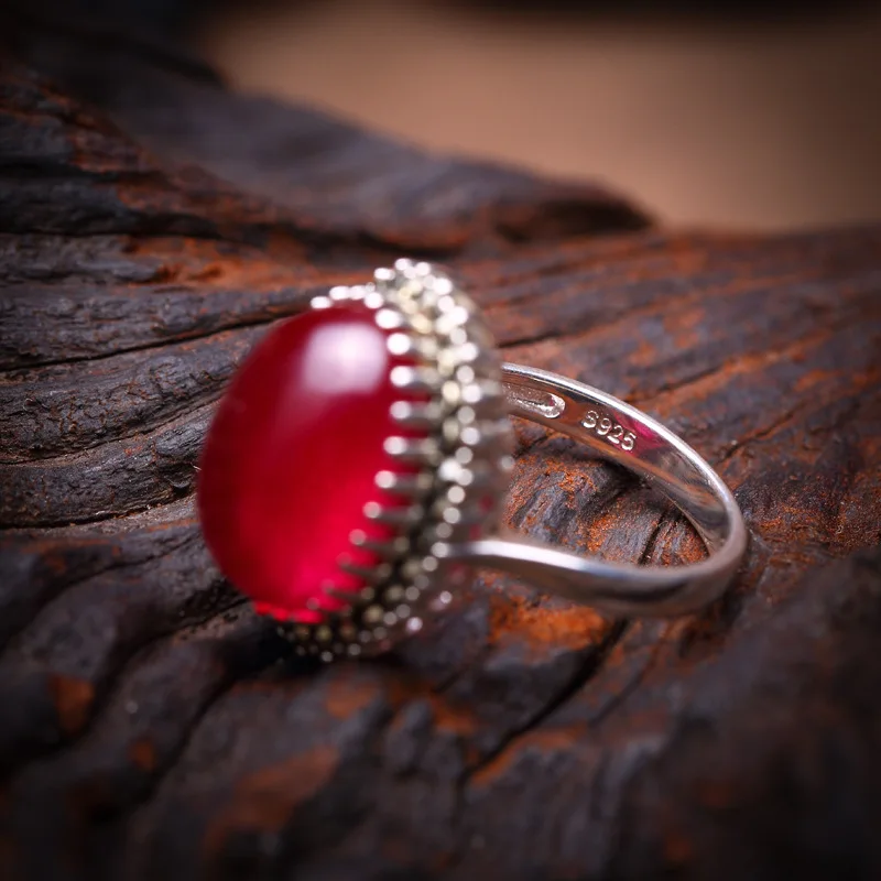 Elegant Gemstone Rings For Women Real 925 Sterling Silver Jewelry Retro Garnet Ring Anniversary Gift Adjustable Ring