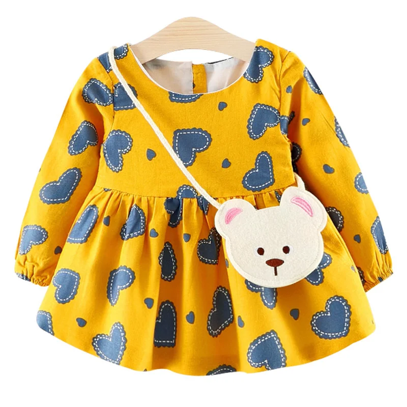 

Hilenhug Baby Dress for Girls 6 to 36 Months Clothes Infant Toddler Kids Clothing with Bear Bag Long Sleeve Pink Yellow Style