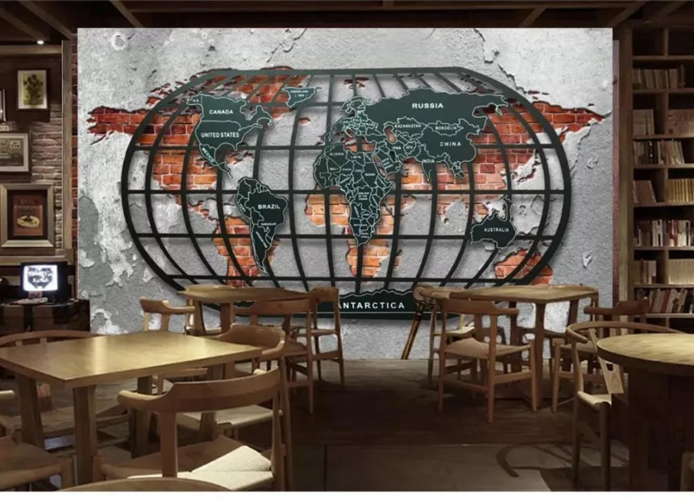 Ретро Рельеф Металл карта мира Бар Ресторан 3D задний план Настенные Декоративные Настенные обои, фрески