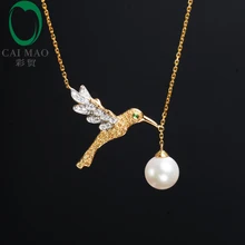 Изысканная форма птицы 0.33ct бриллианты и 0.03ct цаворит и 8 мм белый жемчуг 18kt Золото Подвеска вечность ювелирные изделия