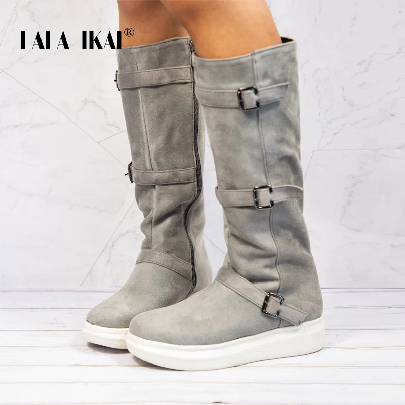 

LALA IKAI Snow Boots Women Winter Boots Zipper Buckle Flock Round Toe Mid-Calf Ladies Winter Warm Boots 014A2776 -49