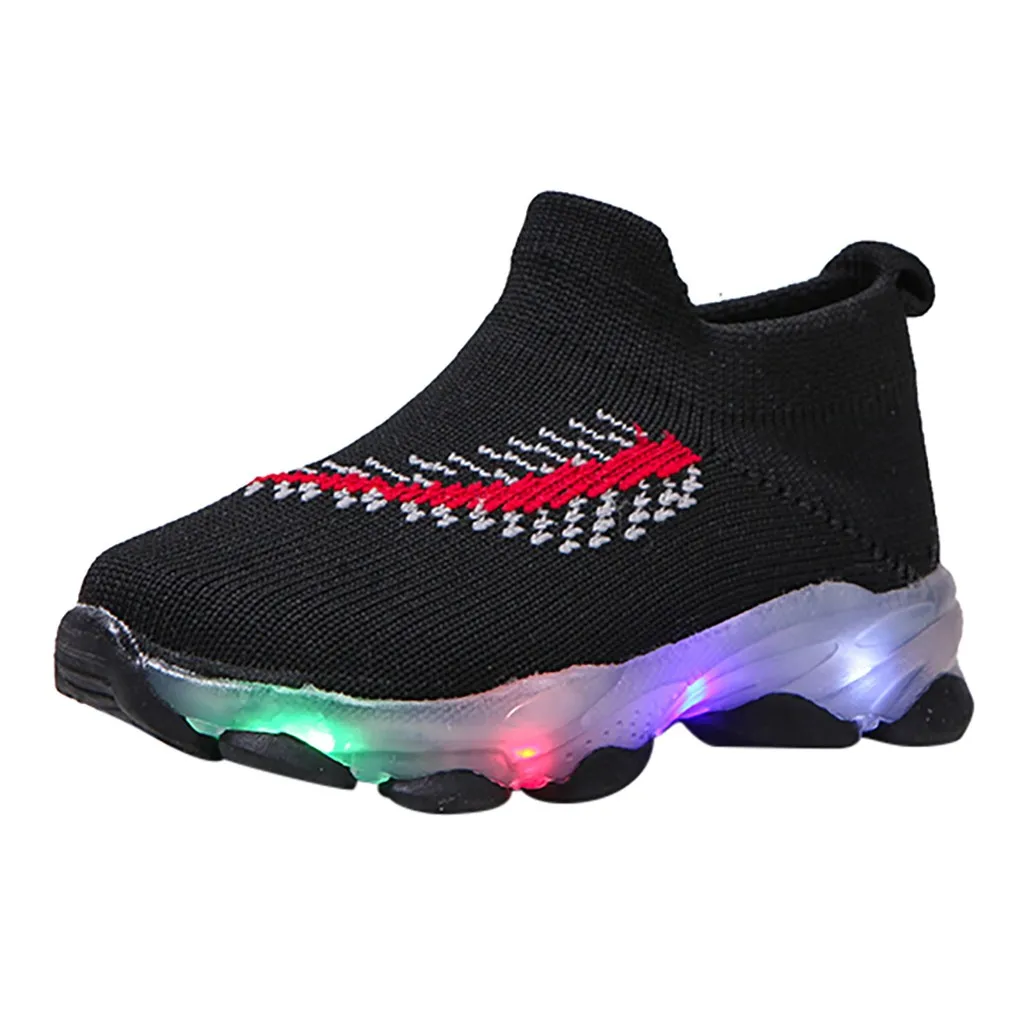 Детские кроссовки для маленьких девочек и мальчиков; сетчатые светящиеся носки с перьями; спортивные кроссовки для бега; Sapato Infantil Menina; светильник; обувь - Цвет: Black