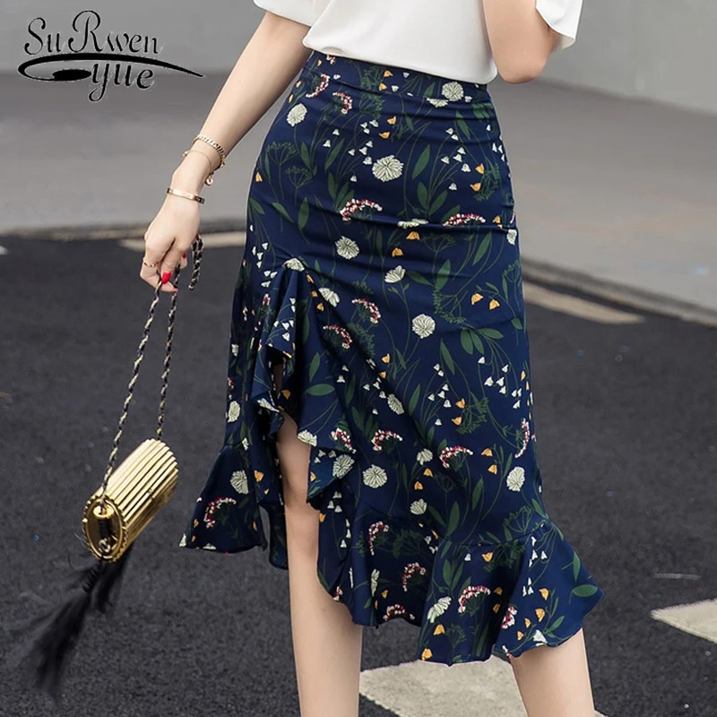 

Fashion print chiffon women skirts 2019 high waist flower chiffon skirt ruffle sexy Side split mid-length summer skirt 0716 40