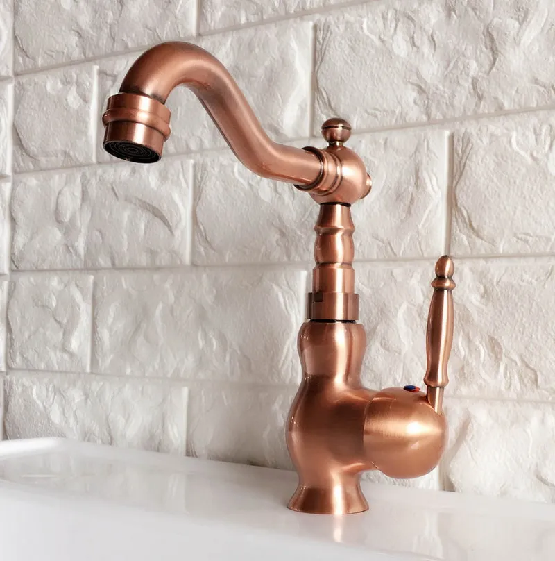 Antique Red Copper Brass Bathroom Kitchen Basin Sink Faucet Mixer Tap Swivel Spout Single Handle One Hole Deck Mounted mnf404