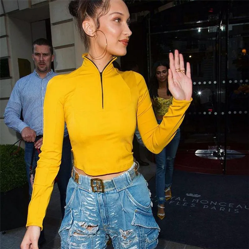 

NCLAGEN 2018 New Women Long Sleeve Zipper Tee Shirt Navel Bare Cropped Tops Tees Turtleneck Solid Knitted T Shirts Fashion Top
