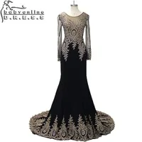 Real Photo Evening Dresses Luxury Heavy Beaded Applique Black Long Sleeve Mermaid Evening Dress 2015 Prom Party Dresses