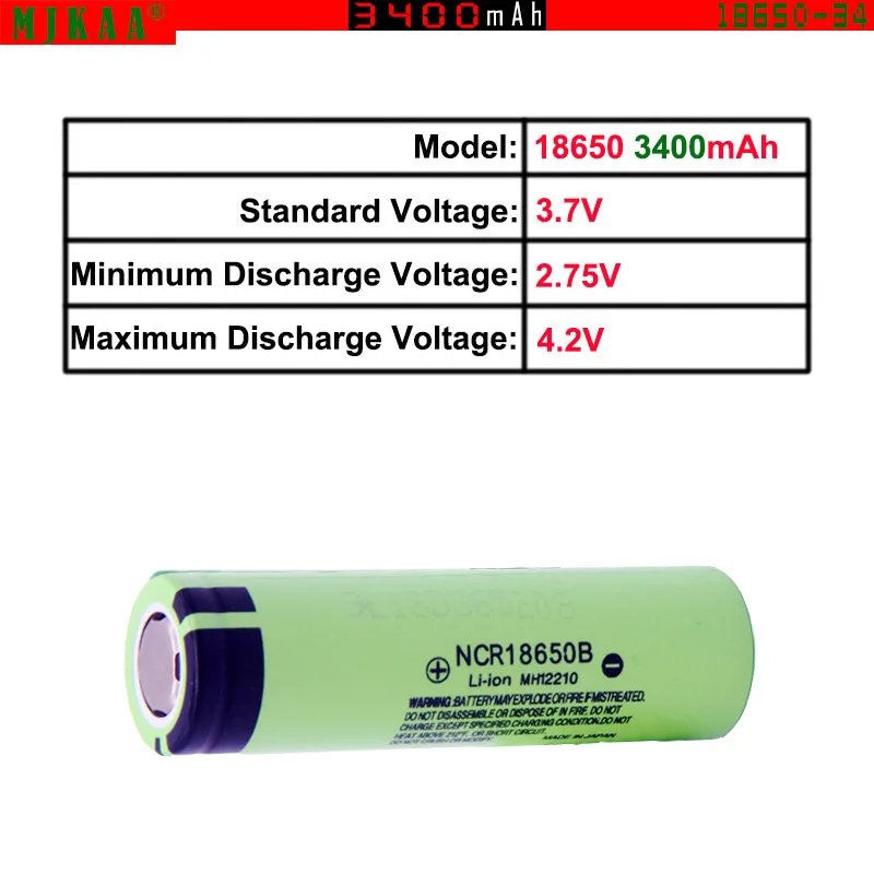 MJKAA NCR 18650 3,7 V 3400 mAh NCR18650B литиевая аккумуляторная батарея для фонариков