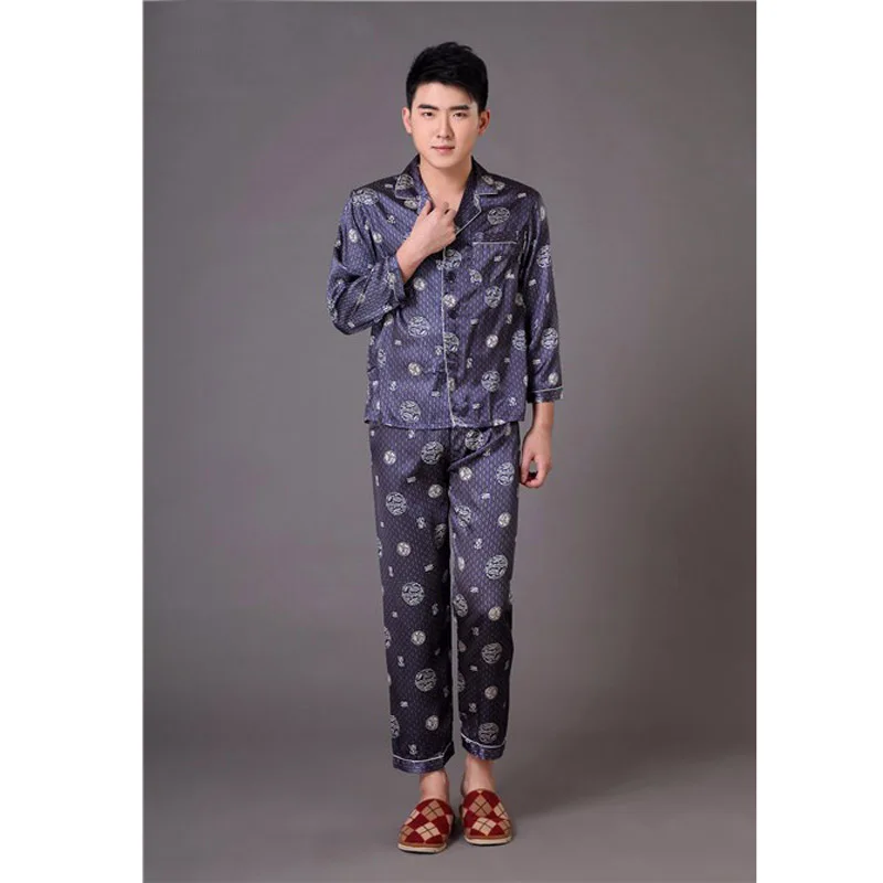 2 шт. темносиний Китайский Для Мужчин's Satin Pajama Set Винтаж Дракон пижамы Для ванной халат пижама с длинным рукавом костюм домашняя одежда S-3XL