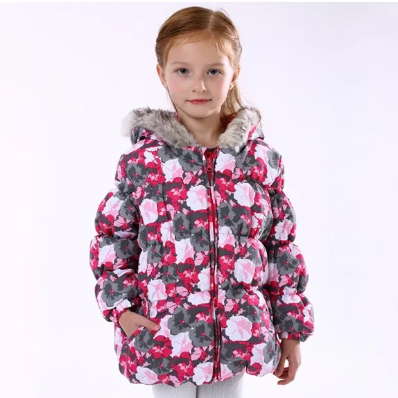 

Newly Children girl winter long jacket fur hooded print floral waterproof thickening coat parkas sweet 4 6 girl clothes dresses