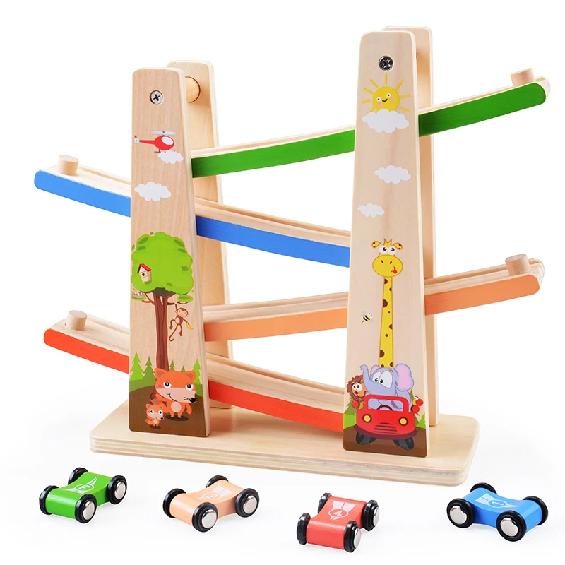 

Zalami Baby Kids Click Clack Racetrack Forest Wooden Race Cars Parent-child Interaction Zig Race Cars Toy Gift with 4 cars DIY