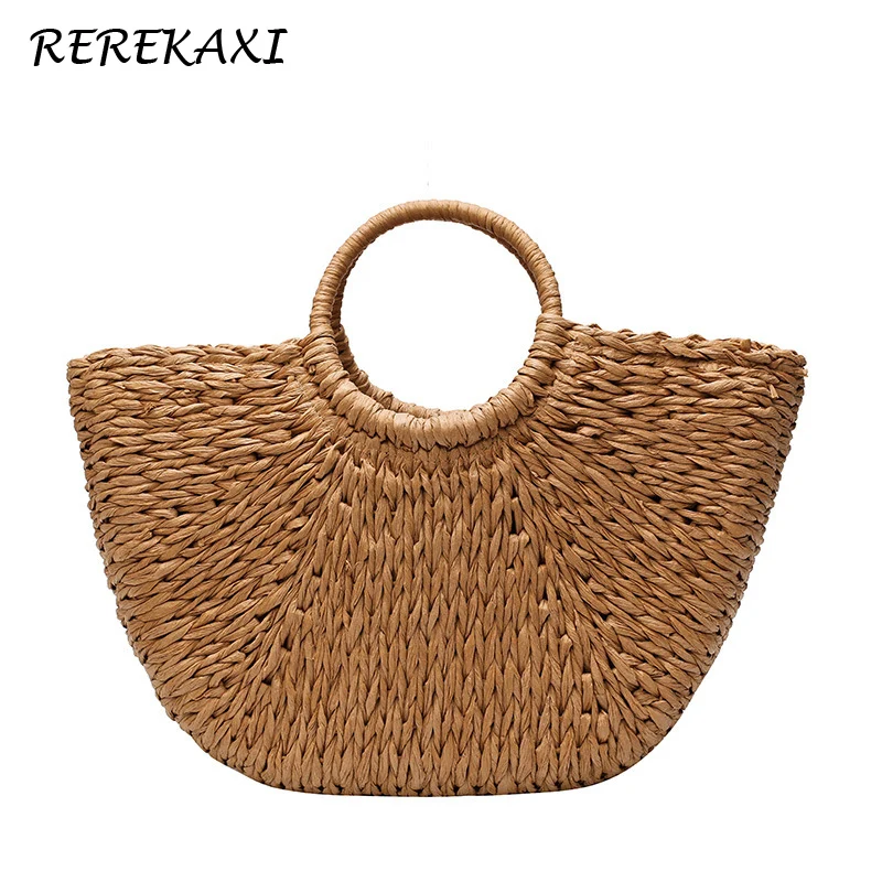 

REREKAXI Handmade Women Handbag Summer Half Moon Bag For Women Straw Beach Bags Female Shopping Weaving Tote Feminina Bag