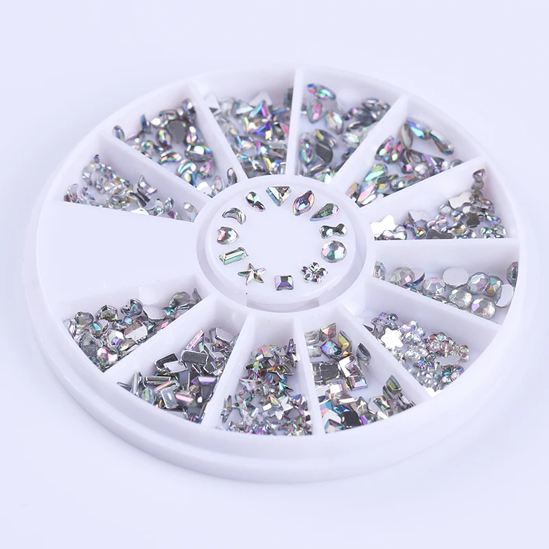 Серебряный гвоздь горный хрусталь 3D украшение для ногтей в колесо Звезда Сердце Луна бусины в форме цветов размер DIY маникюр блестящие, дизайн ногтей