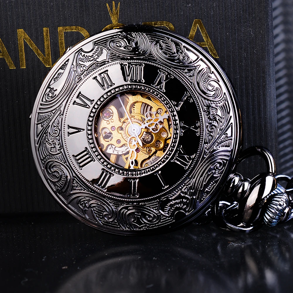 Retro Black Steampunk Skeleton Hand Wind Mechanical Pocket Watch Roman Men Antique Luxury Fob Watches Long Chain Clip Male Clock