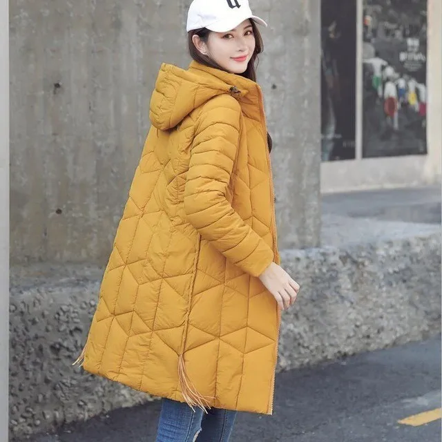 Quilted Coat Long Parka Female Thick Cotton Slim Winter Jacket Women Clothes Hooded Warm Outwear Plus Size Korean Oke042 - Color: Yellow