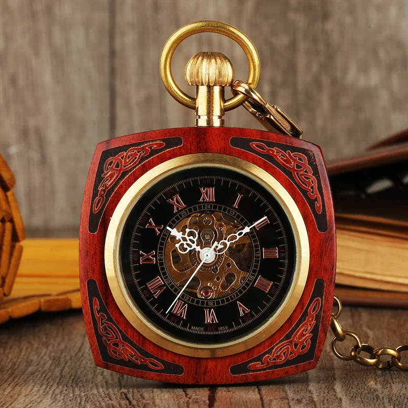 Top Luxury Square Mechanical Hand Winding Royal Red Bamboo Wood Pocket Watch Retro Antique Gifts for Men Women + 30cm Gold Chain (7)