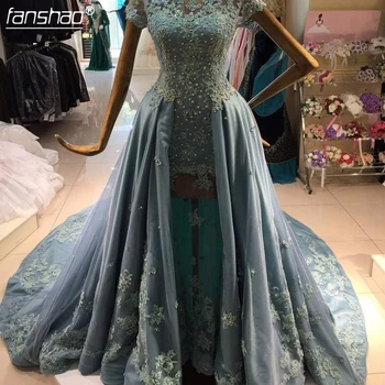 

Prom Dress Scoop Neck Beading Evening Dresses Long Sheer Bottom Prom Gown Short Sleeve Robe De Soiree