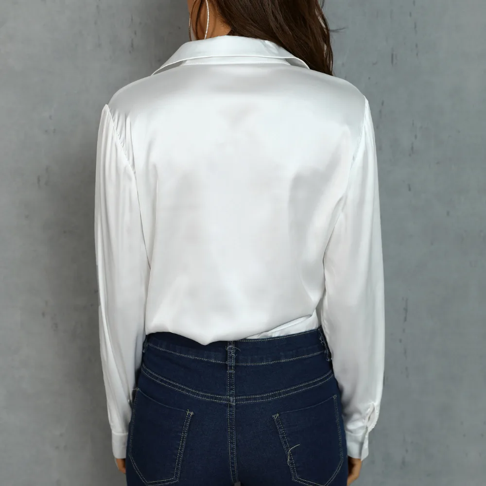  Fashion White Satin Silk Blouse Ladies Casual Long Sleeve Button Turndown Collar Silk Satin blouses