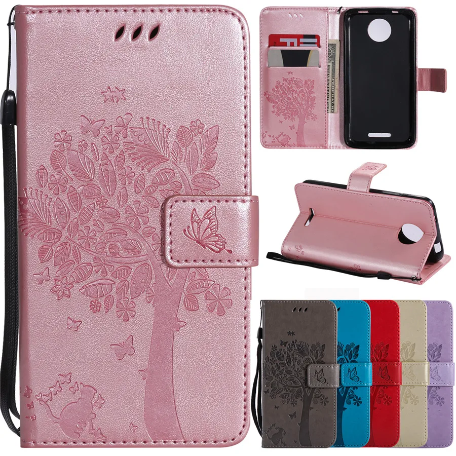 

Leather Case on for Fundas Motorola Moto C Case Tree Cat Case for Moto C XT1750 XT1754 Plus Wallet Cover Flip Lanyard Phone Case