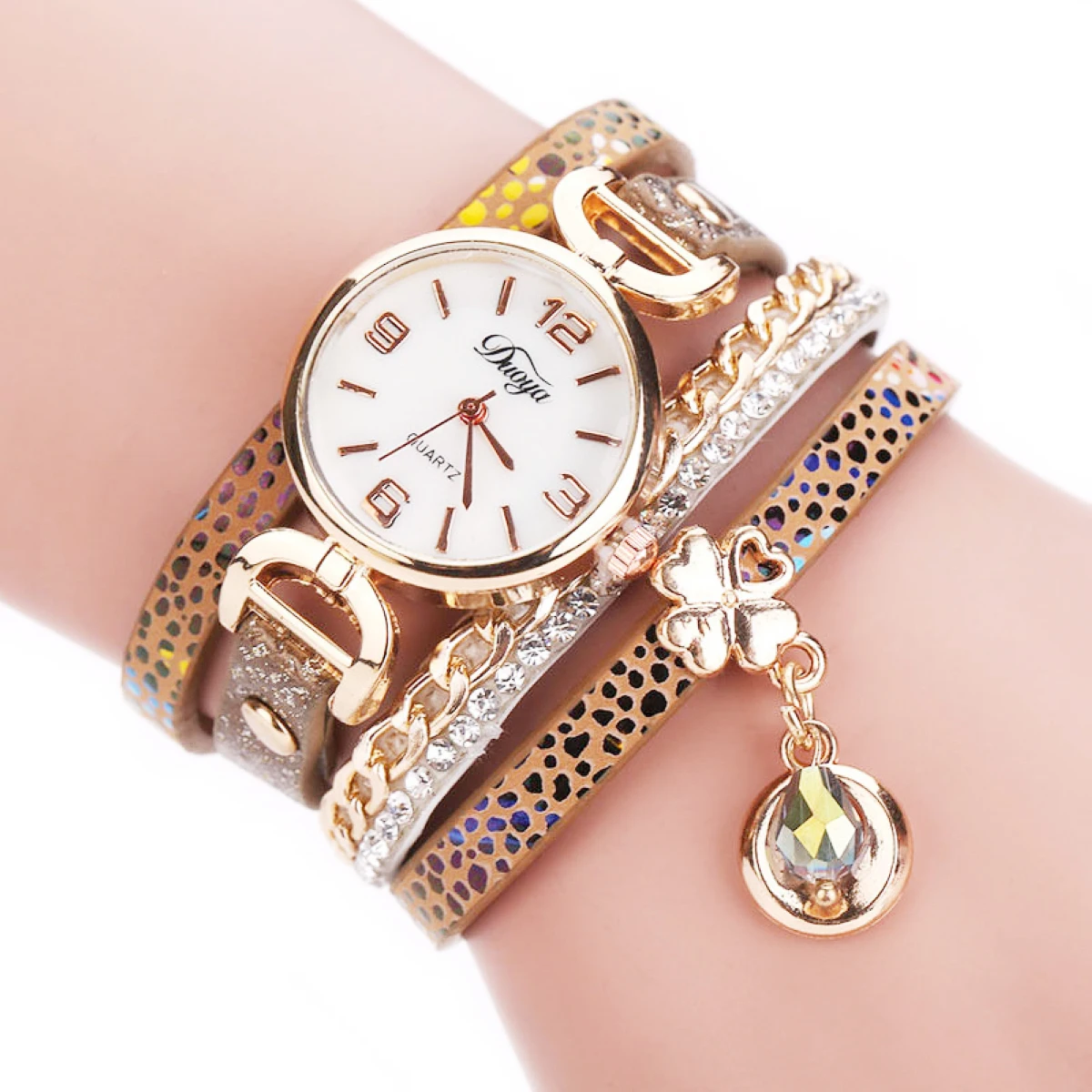 Women's Crystal Rhinestone Leopard Leather Chain Wrap Bracelet Wrist Watch