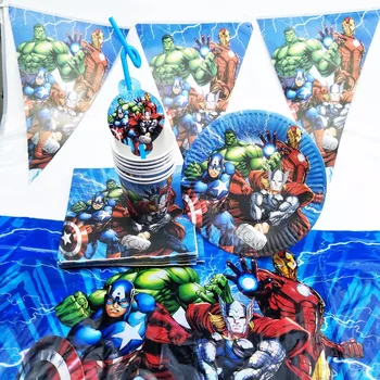 

132pcs/bag Flags Tablecloth Straws Cups Plates Fork Superhero Boys Party Supplies Kid Birthday Party Supplies Decoration Favors