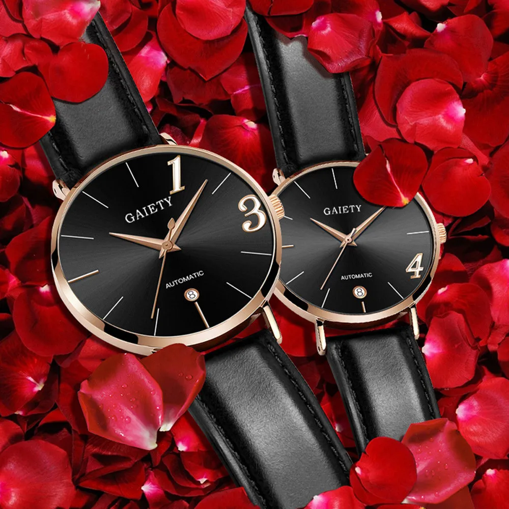 Пара часы кварцевые Для мужчин женские наручные Часы аналоговый черный модные простые 2 Размеры кожаный ремешок Валентина LOVE подарок на день рождения f306