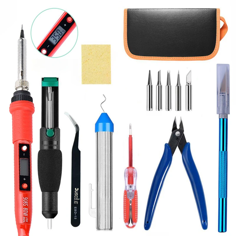 

220V 80W LCD Adjustable Temperature Soldering station Electric Soldering Iron kit 5 Pcs Welding Tip Solder wire Repair Tool