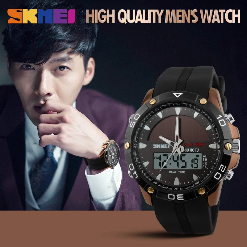 SKMEI для мужчин Солнечный Dual Time дисплей часы хронограф 50 м водостойкие спортивные
