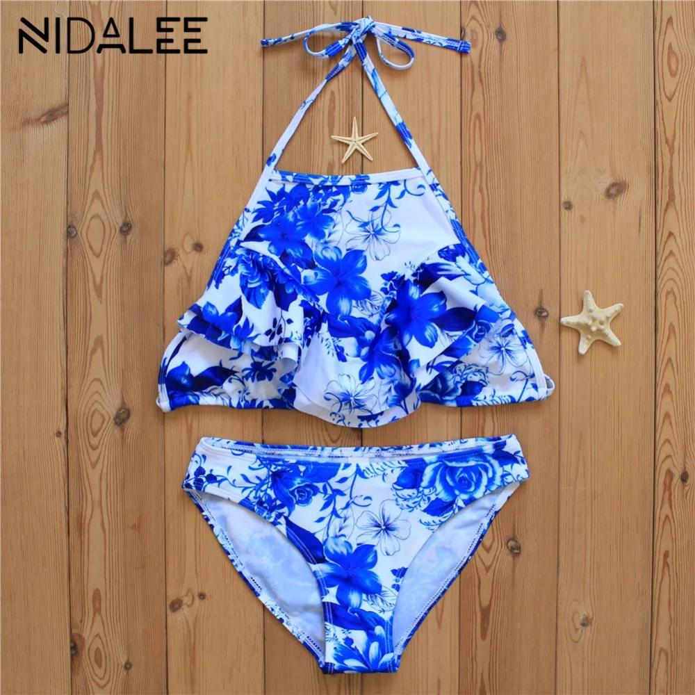 

NIDALEE Women SkyBlue Froral Printing Tank Bilibi Set Hot Sexy Girl Bandage Bathing Swimsuit Pushup Padded Bra Beach Swimwear