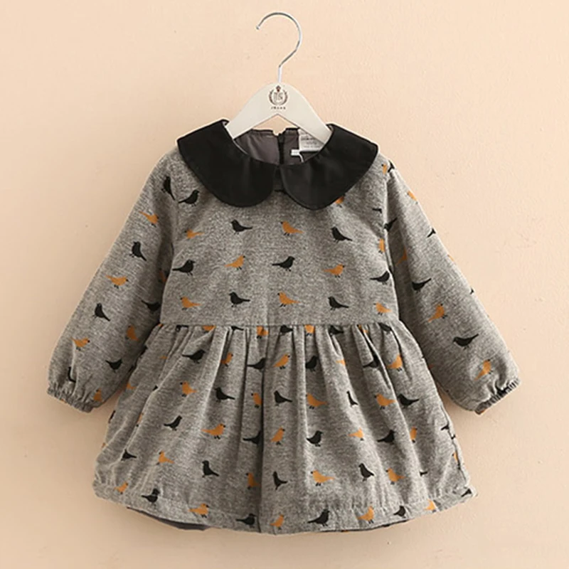 

UOIPAE Kids Dress For Girls Winter 2018 Fashion Birds Pattern Print Kids Princess Dress Long Sleeve Children Clothing 4353W