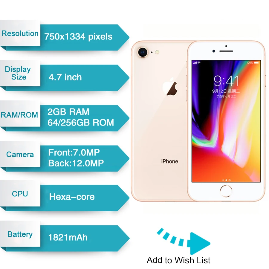 Original Apple iphone 8 Hexa Core 2 GB RAM ROM de 64 GB y 4,7 pulgadas que 12MP desbloqueado 1821 mAh iOS 11 LTE huella digital teléfono móvil iphone 8