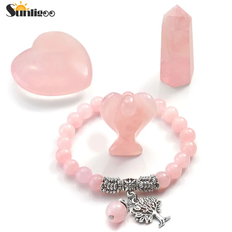 

Sunligoo Rose Quart Healing Crystals Set with Pocket Angel Figurine, Tree of Life Bracelet, Heart Stone,Polished Crystal Wand