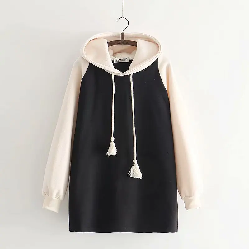 

Autumn Winter Warm Women Hoodies Cute Cartoon Printed Sweatshirt Hooded Patchwork Color Pullover Thick Loose Fleece Long Hoodies