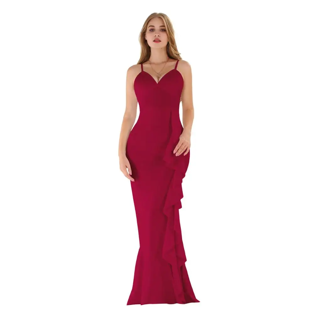 

Elegant Bodycon High Slit Ruffles Long Dress Women Sexy V Neck Spaghetti Strip Solid Maxi Dress Evening Party Dresses Vestidos