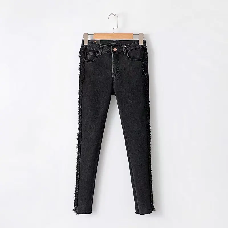 2018 Spring Vintage Black tassels Jeans long Denim trousers Women