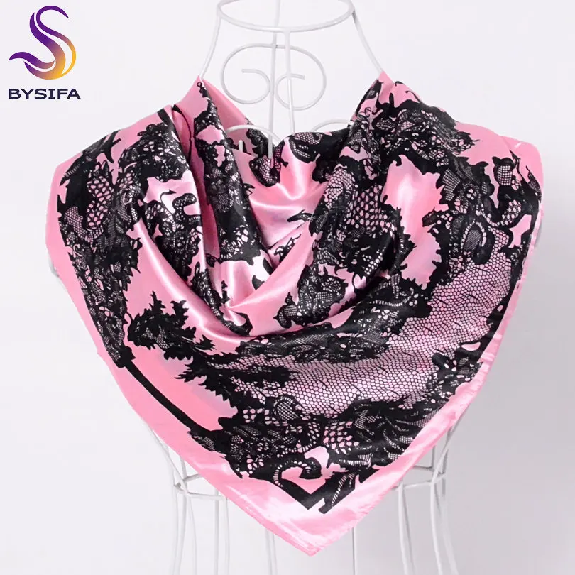 lace black pink Элегантный женский большой квадратный шелковый шарф с принтом, 90*90 см, модный весенний и осенний серый и фиолетовый Шелковый шарф из полиэстера, шаль - Цвет: lace black pink