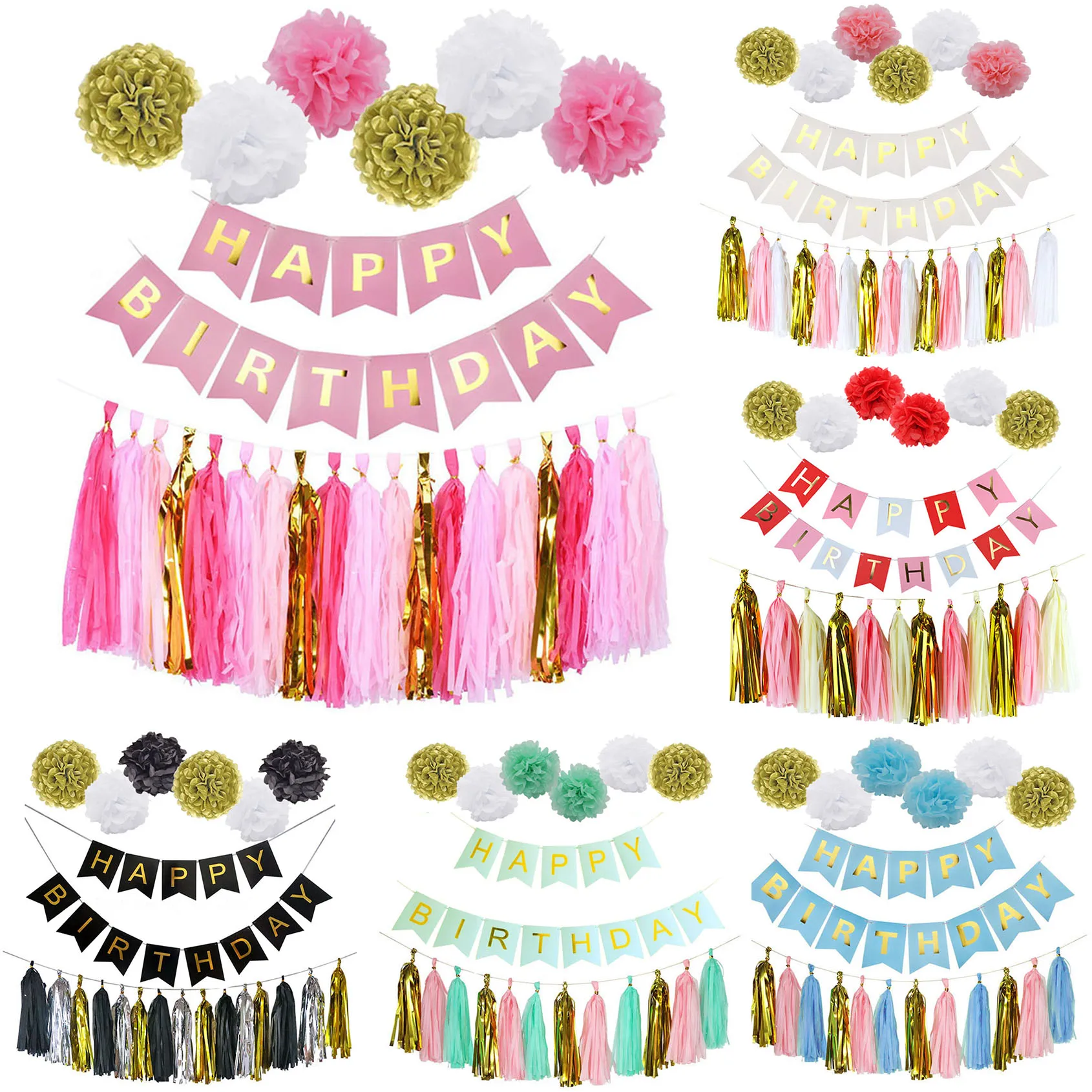 

1 Set Birthday Decor Gold Tissue Paper Tassels Pompoms Boy Girl Happy Birthday Banner Baby Shower Kids Favors Party Supplies