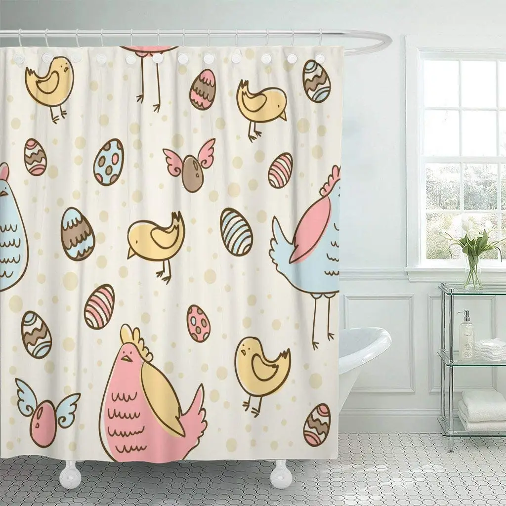

Shower Curtain with Hooks Vintage Easter Eggs Hen and Chicken Cartoon Drawing Abstract Animal April Bird Chick Bathroom