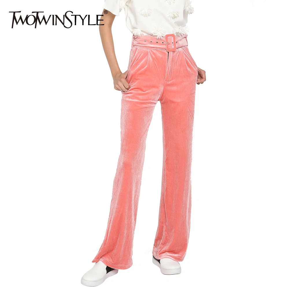 

[TWOTWINSTYLE] 2019 Spring With Belt Fashion Velvet High Waist Wide Leg Pants Women New Trousers Clothing
