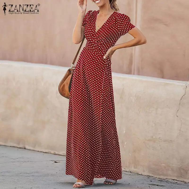 

2019 Plus Size ZANZEA Polka Dot Sundress Summer Women V Neck Short Sleeve Elegant Party Long Maxi Dress Vestido Femme Tunic Robe