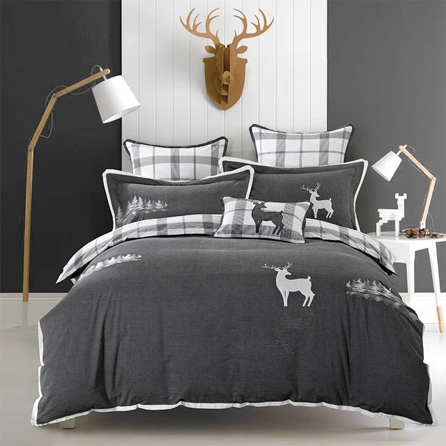 Queen King Size Pure Cotton Grey Bedding Sets Soft Bedclothes Queen King Size Pure Cotton Grey Bedding Sets Soft Bedclothes Embroidery Deer Penguin Bed Sheet Set