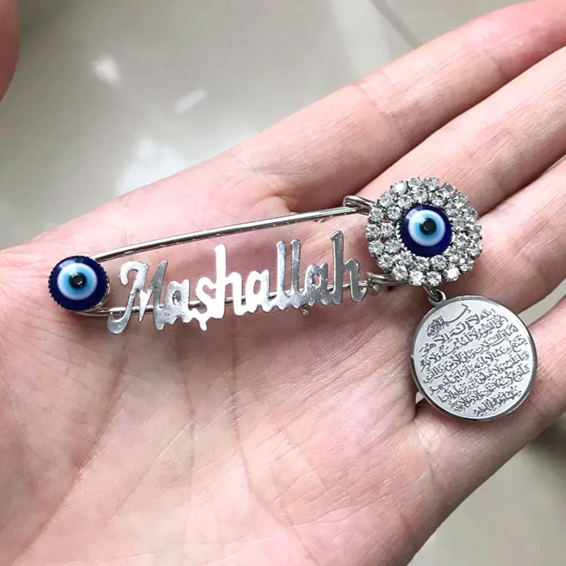

turkish evil eye AYATUL KURSI Mashallah Stainless steel brooch islam muslim baby pin accept drop shipping