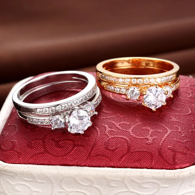 2017 New Popular Wedding double Rings For Women Trendy Party Gift Engagement Romantic suit Rings Fashion Female Jewelry #R81010