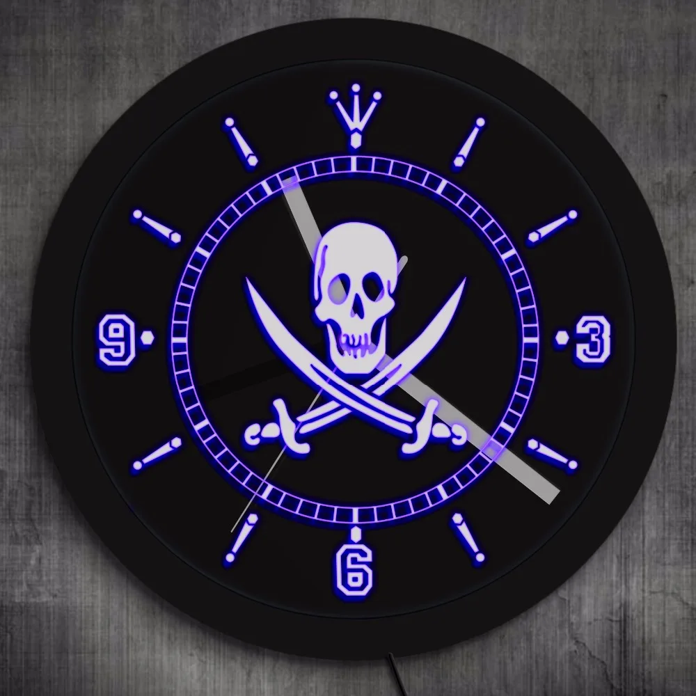 Jolly Roger Pirate Wall Clock with LED illumination Skull With Crossed
