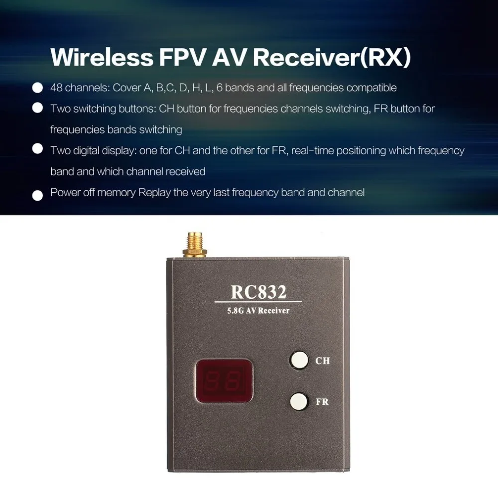 

RC832 5.8G 48CH 600mW Wireless 2dbi FPV AV Receiver(RX) Transmitter(TX) for RC Quadcopter Multicopter Drone Aitcraft UAV Model