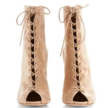 Женские замшевые ботильоны на высоком каблуке с открытым носком абрикосового цвета Новые Стильные демисезонные ботинки на шнуровке, размеры 34-42