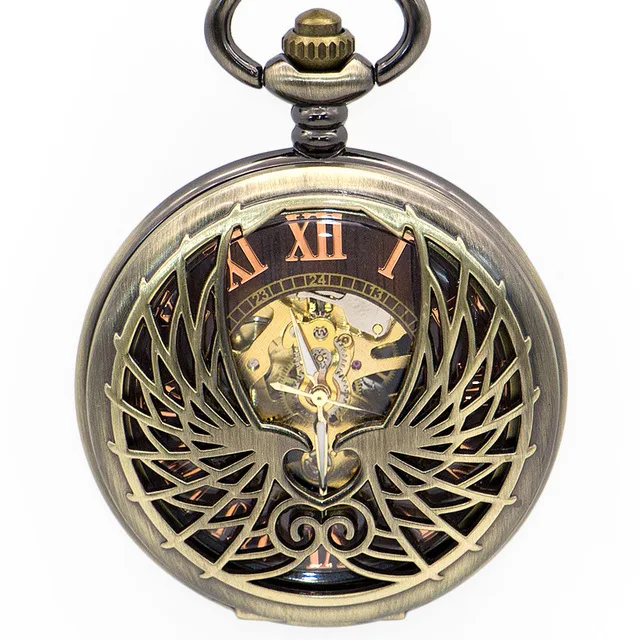Роскошные стимпанк китайские карманные часы с драконом цепи ожерелье кулон автоматические механические ручной Ветер мужские Fob часы - Цвет: Wing