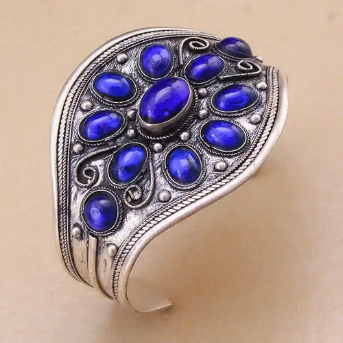 

Classic Lapis Lazuli Cuff Bracelet Tibet Silver Carved Flower Woman ^^@^18K GP SHIPPING 5.25