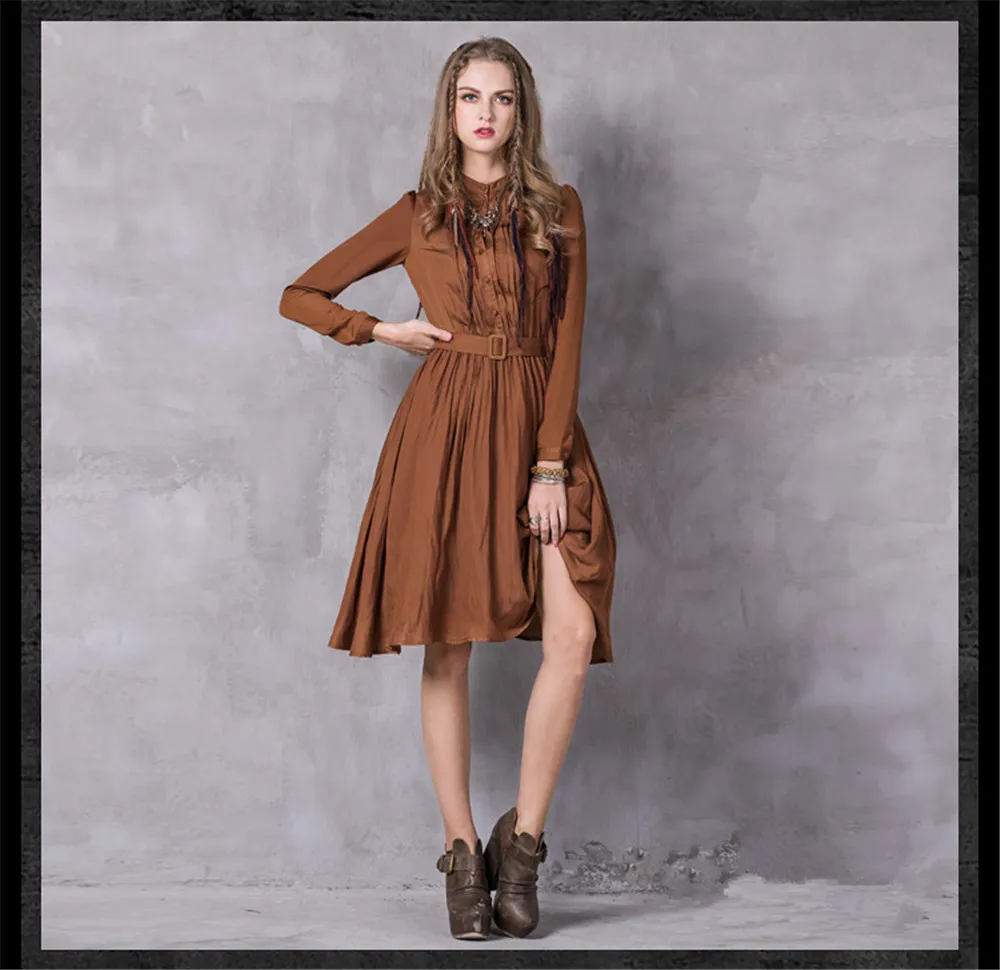 Vintage Autumn Women Dress 2017 Polyester Cotton Long Sleeve Stand Collar Belted A-line Pleated Dresses Vestidos Feminino (16)